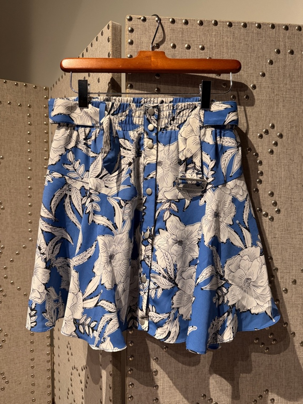 Blue Floral A-Line Skirt with Front Buttons